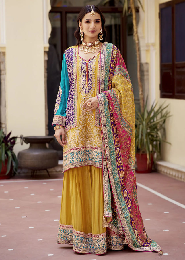 Yellow Multicolor Embroidered Gharara Suit