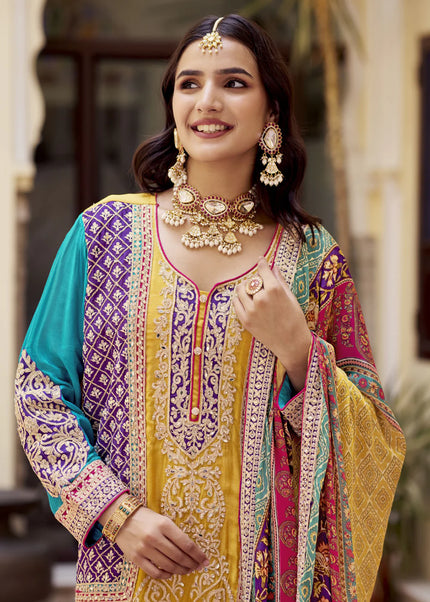 Yellow Multicolor Embroidered Gharara Suit