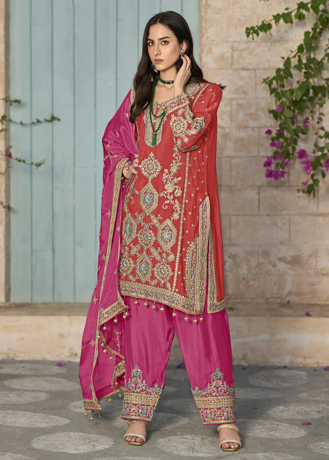 Orange Embroidered Salwar Pant Suit