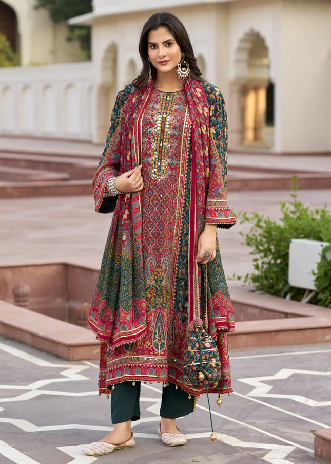 Green Multicolor Printed and Embroidered Pant Suit