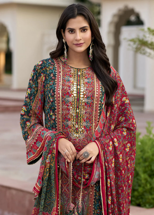 Green Multicolor Printed and Embroidered Pant Suit