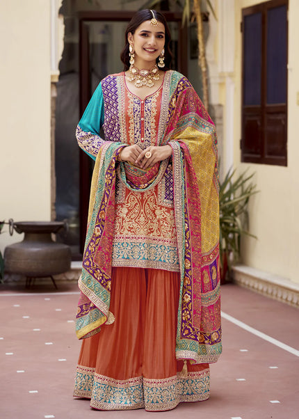 Orange Multicolor Embroidered Gharara Suit