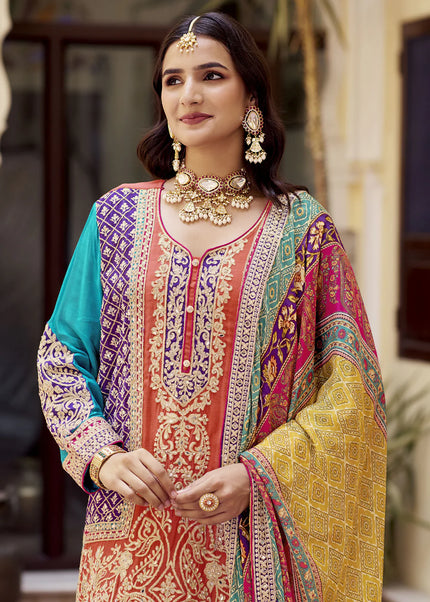 Orange Multicolor Embroidered Gharara Suit