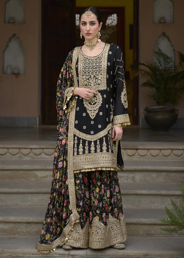Black Embroidered and Printed Palazzo Suit