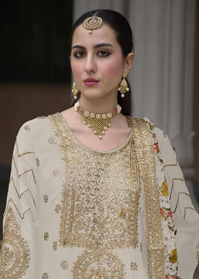 White Embroidered and Printed Palazzo Suit