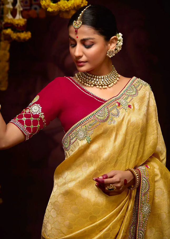 Red and Yellow Embroidered Wedding Saree