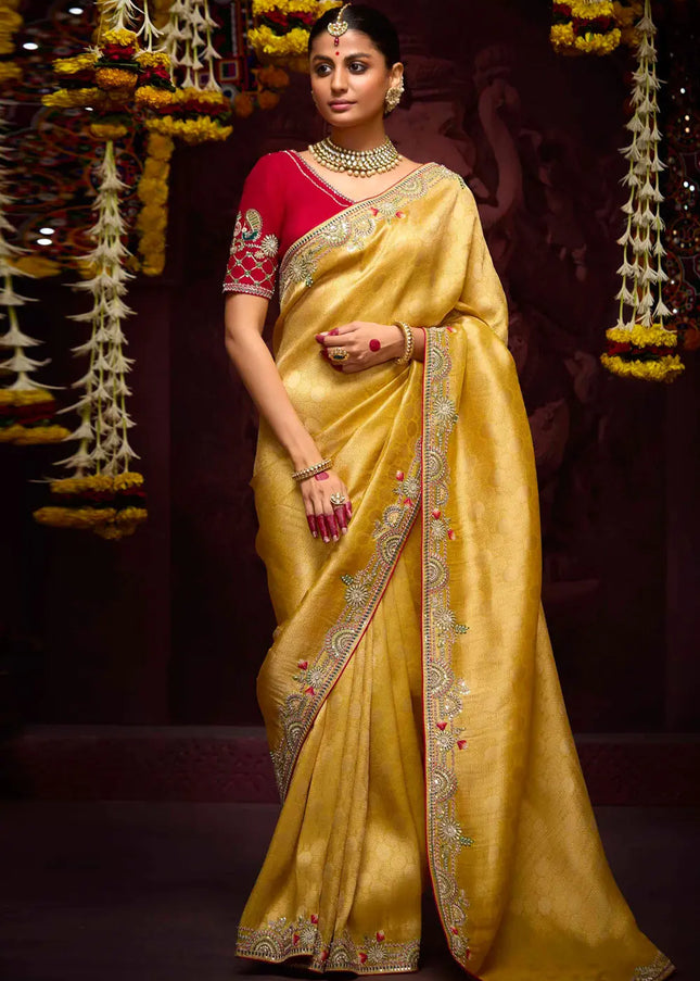 Red and Yellow Embroidered Wedding Saree