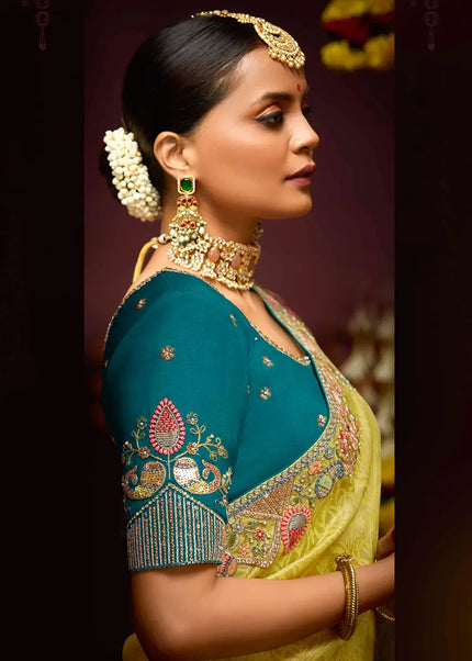 Teal and Yellow Embroidered Wedding Saree
