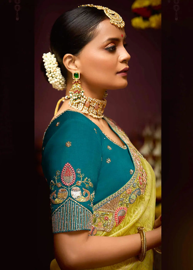 Teal and Yellow Embroidered Wedding Saree