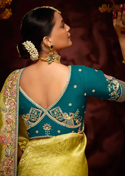 Teal and Yellow Embroidered Wedding Saree
