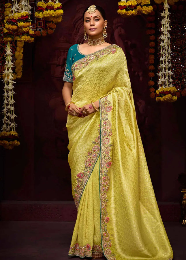 Teal and Yellow Embroidered Wedding Saree
