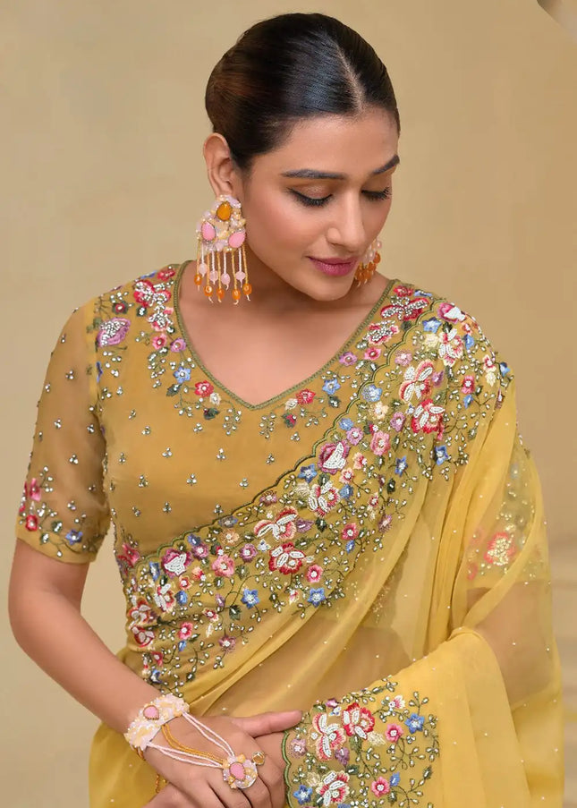 Yellow Embroidered Banarasi Tuscany  Saree