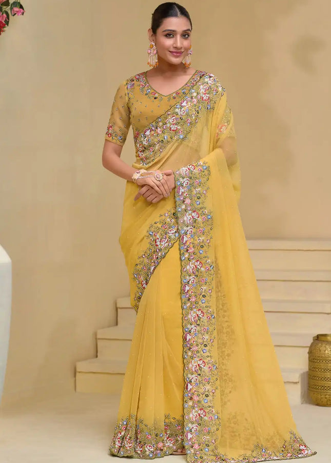 Yellow Embroidered Banarasi Tuscany  Saree