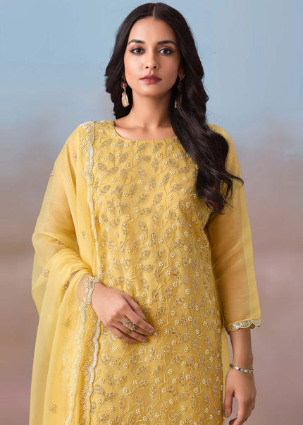 Mustard Yellow Embroidered Pant Suit