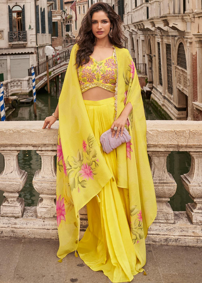 Yellow Embroidered Jacket Style Sharara Suit