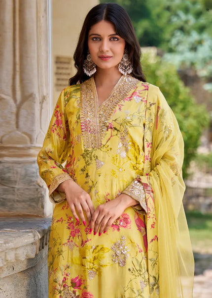 Yellow Embroidered Sharara Suit