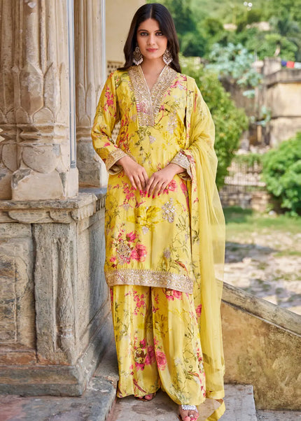 Yellow Embroidered Sharara Suit