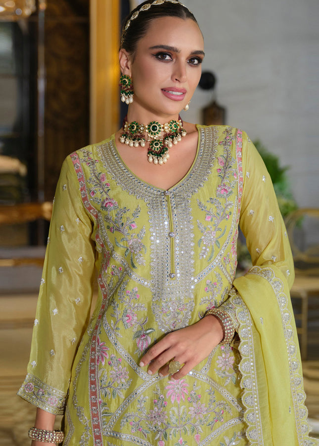 Yellow Embroidered Pant Style Suit