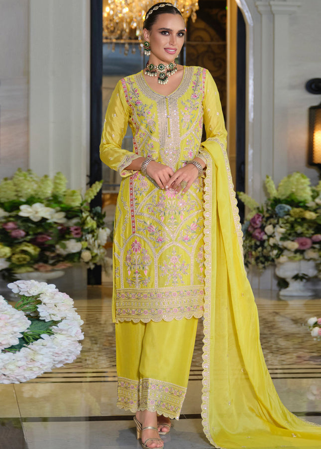 Yellow Embroidered Pant Style Suit