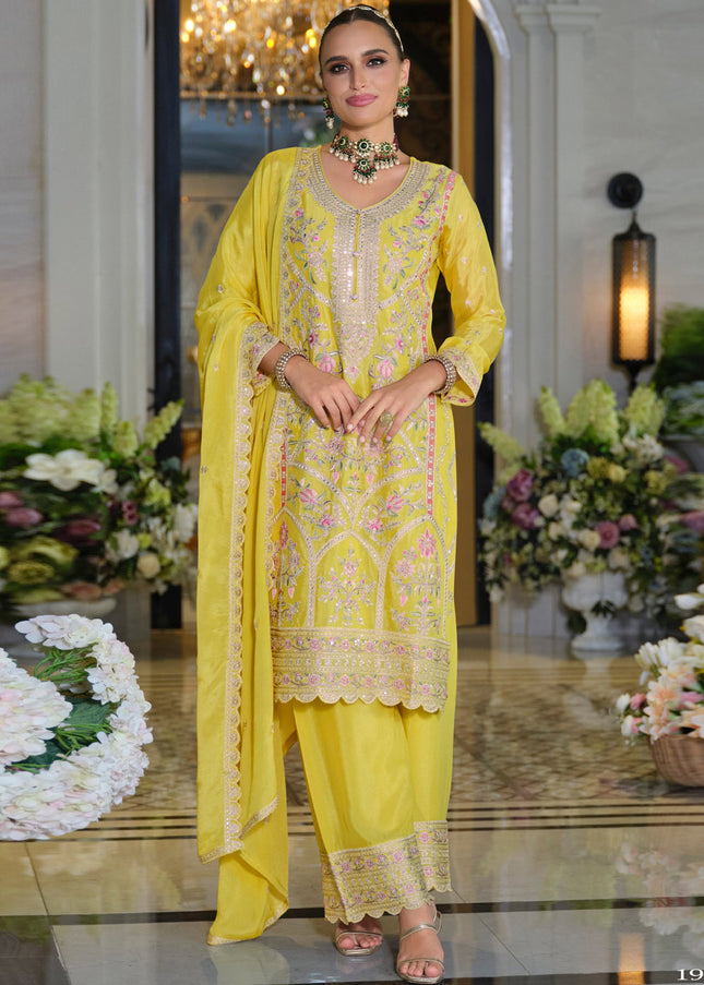 Yellow Embroidered Pant Style Suit