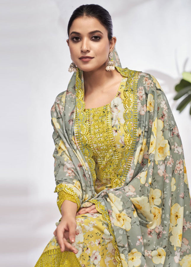 Yellow and Grey Floral Printed and Embroidered Pant Style Suit