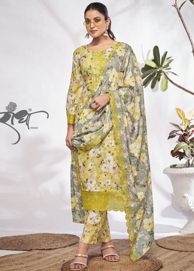 Yellow and Grey Floral Printed and Embroidered Pant Style Suit