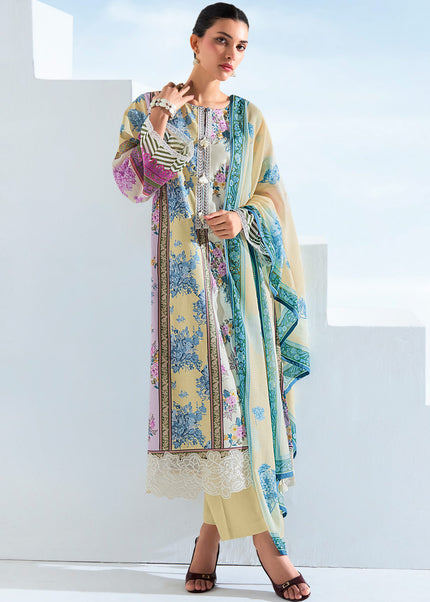 Yelllow Printed and Embroidered Pant Syle Suit