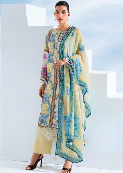 Yelllow Printed and Embroidered Pant Syle Suit