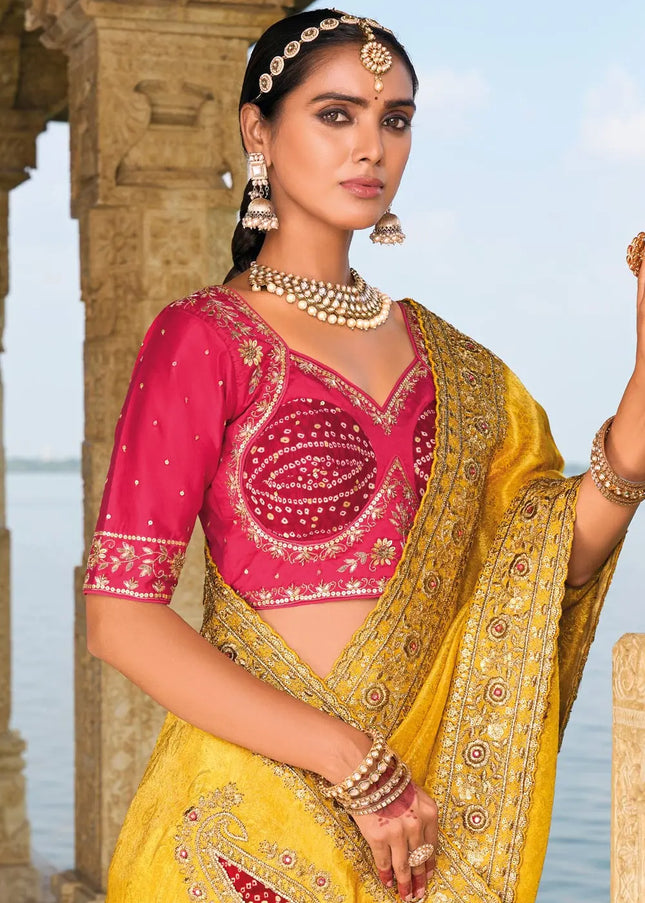 Yellow and Pink Embroidered Jacquard Saree