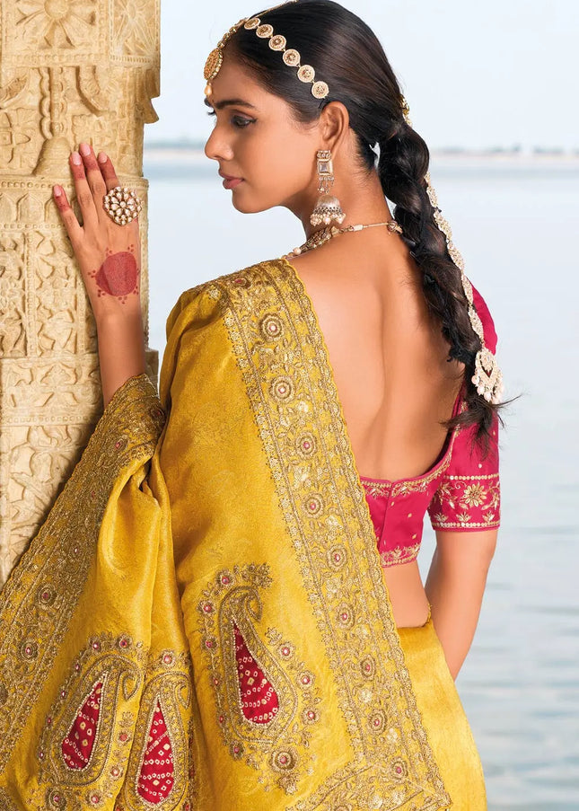 Yellow and Pink Embroidered Jacquard Saree