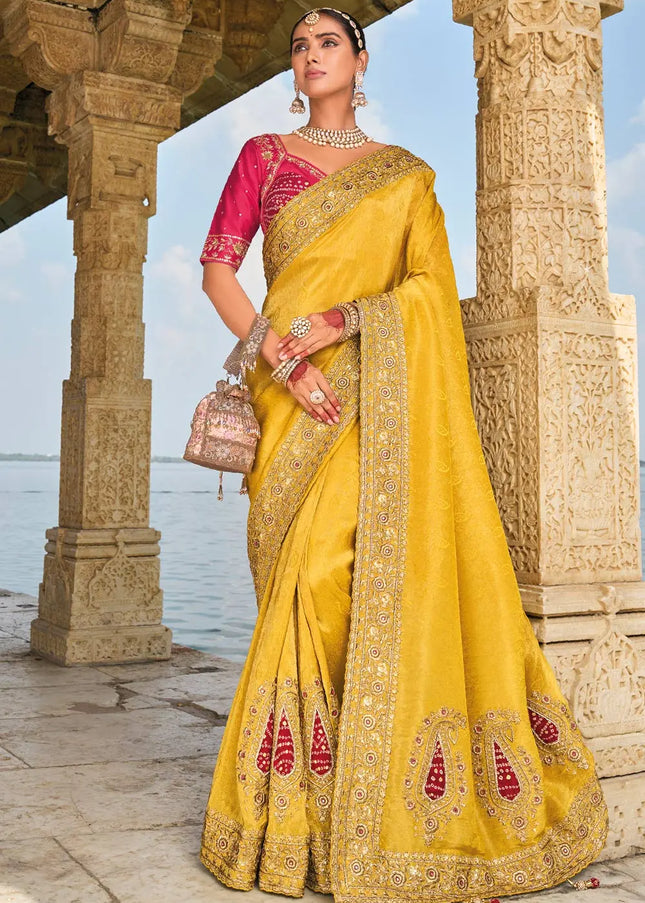 Yellow and Pink Embroidered Jacquard Saree