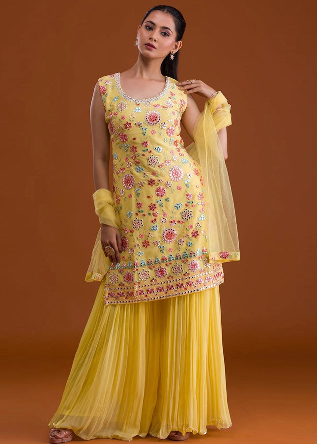 Yellow Embroidered Sharara Suit