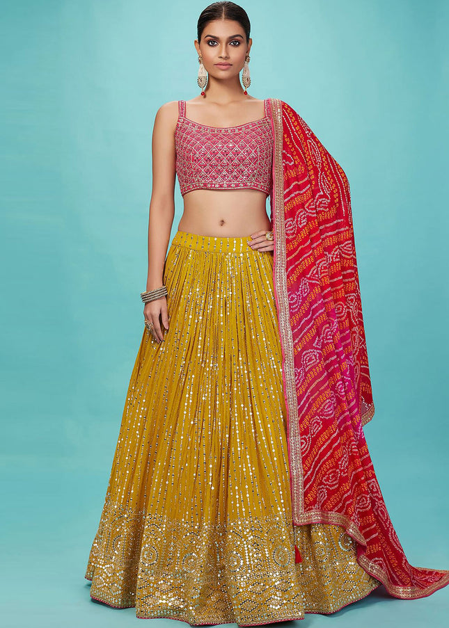 Pink and Yellow Embroidered Lehenga Choli