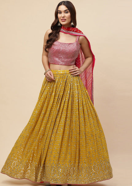 Pink and Yellow Embroidered Lehenga Choli