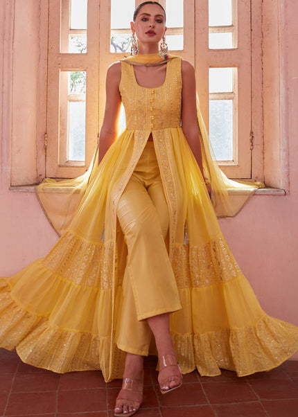 Yellow Embroidered Pant Style Anarkali