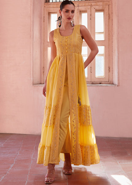 Yellow Embroidered Pant Style Anarkali