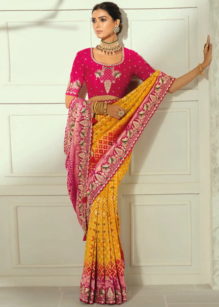 Pink and Yellow Embroidered Saree