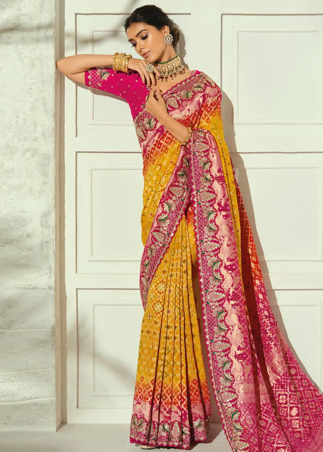 Pink and Yellow Embroidered Saree
