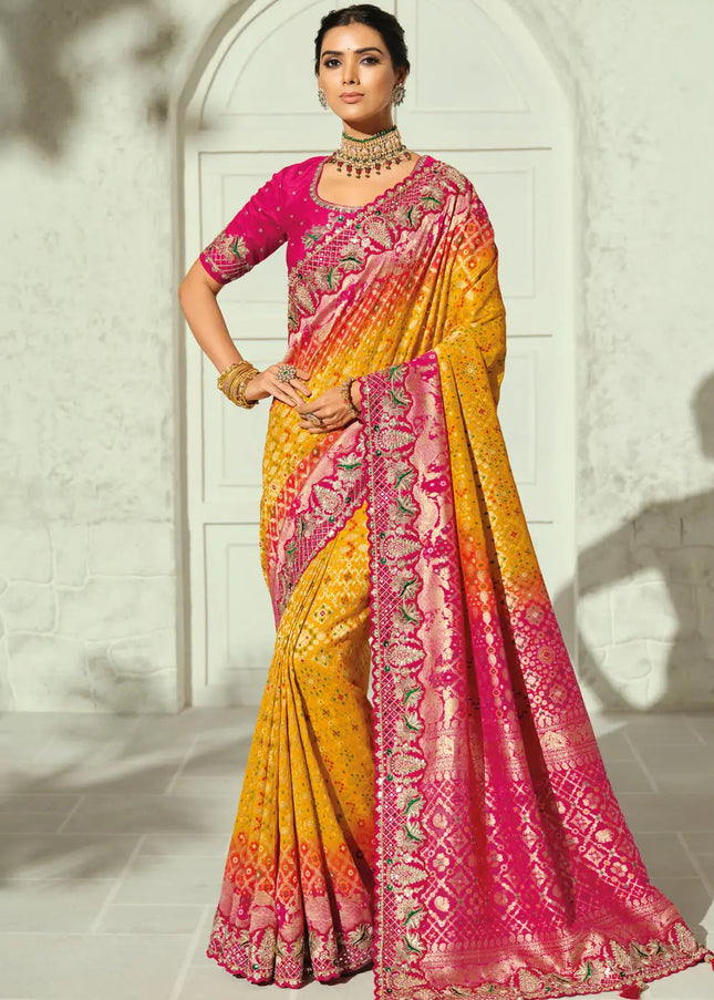 Pink and Yellow Embroidered Saree