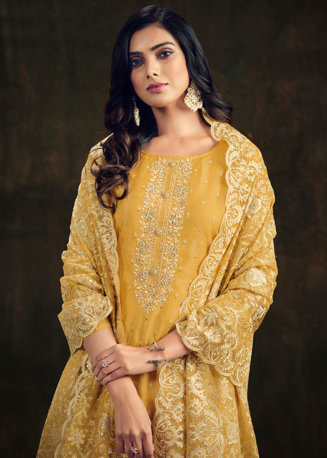 Yellow Embroidered Pant Style Suit