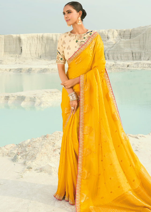 Cream and Yellow Embroidered Saree