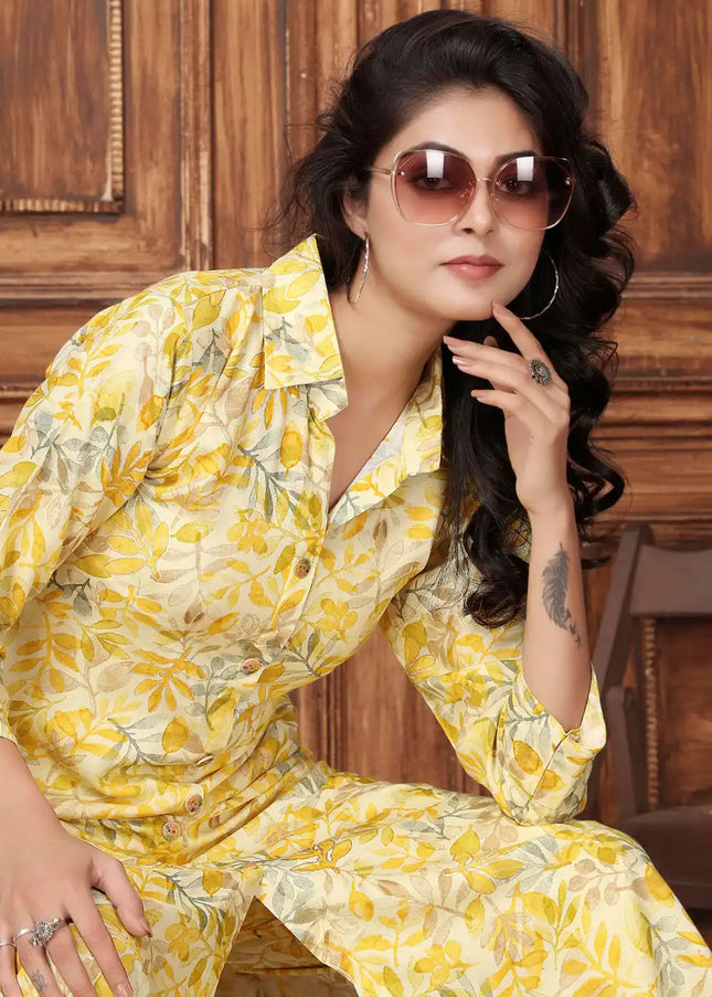 Yellow Floral Embroidered Pant Style Suit