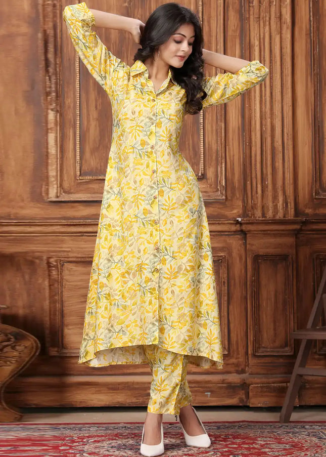 Yellow Floral Embroidered Pant Style Suit