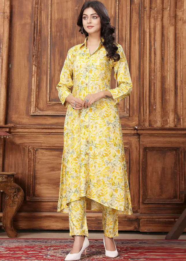 Yellow Floral Embroidered Pant Style Suit