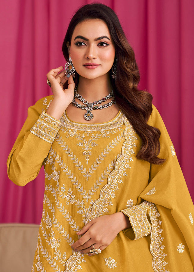 Yellow Embroidered Palazzo Suit