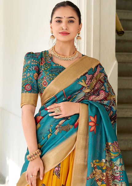 Yellow and Teal Embroidered Lehenga Choli