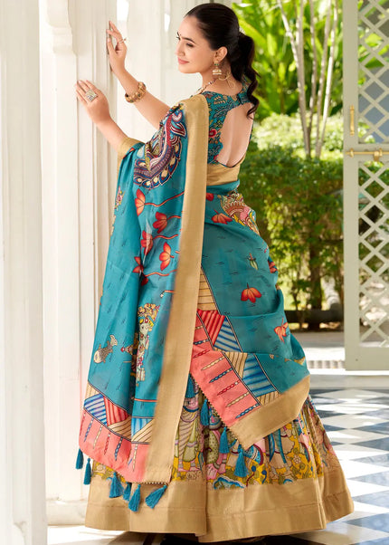 Yellow and Teal Embroidered Lehenga Choli