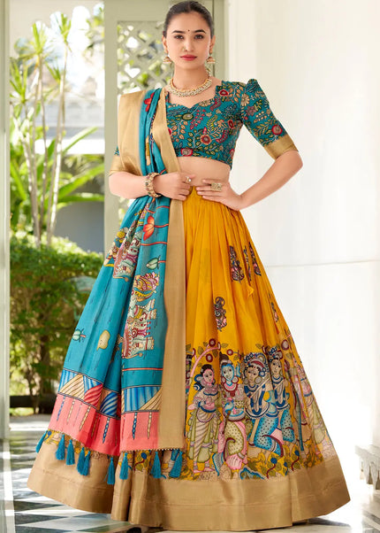 Yellow and Teal Embroidered Lehenga Choli