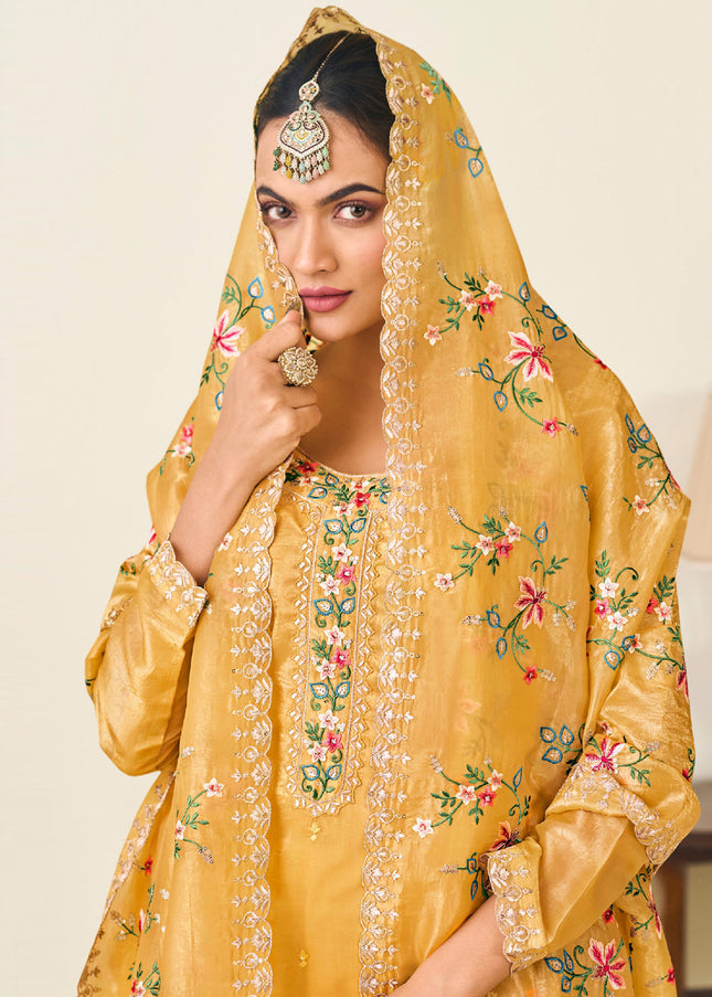 Mustard Yellow Embroidered Pant Style Suit