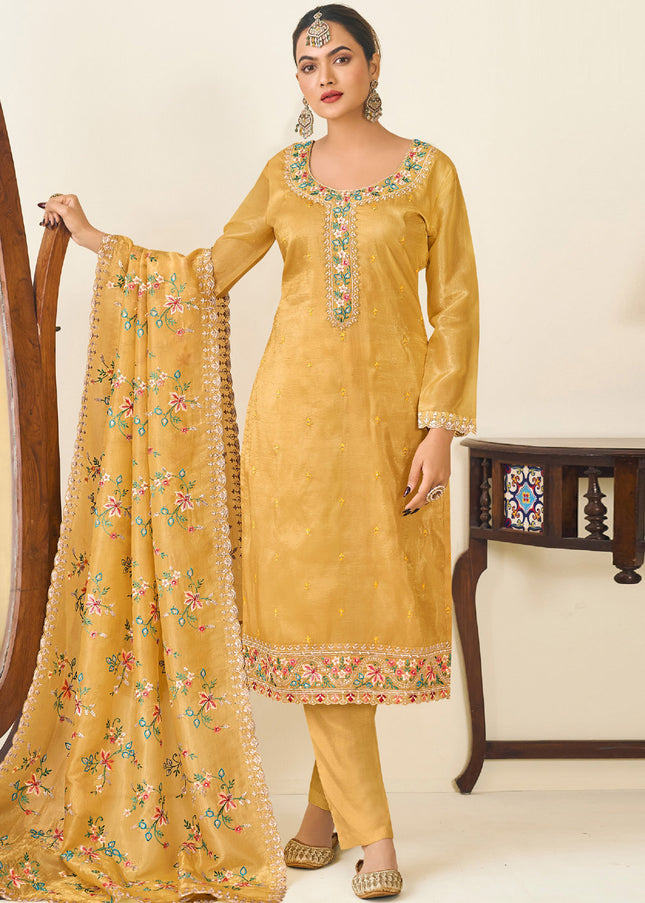 Mustard Yellow Embroidered Pant Style Suit